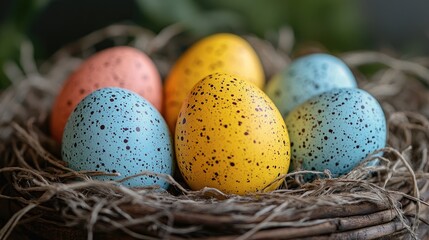 Colorful speckled eggs arranged in a rustic nest, surrounded by greenery, evoking springtime