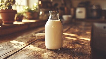 Fresh milk in a glass bottle on a rustic wooden table with kitchen elements in the background