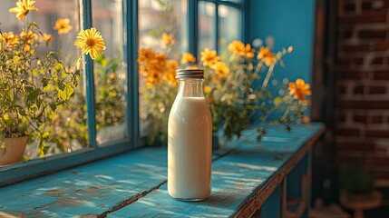 Fresh milk bottle on a rustic blue table with vibrant flowers in a sunny window setting