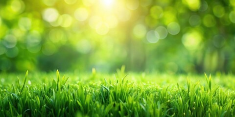 Fototapeta premium Vibrant Green Grass in a Sunny Meadow with a Soft Bokeh Background