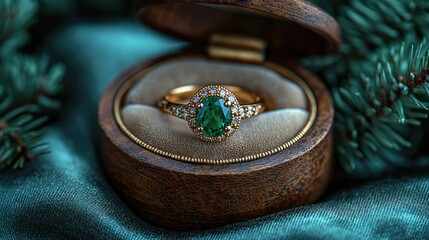 Elegant green gemstone ring displayed in a wooden box amidst lush greenery and soft fabric