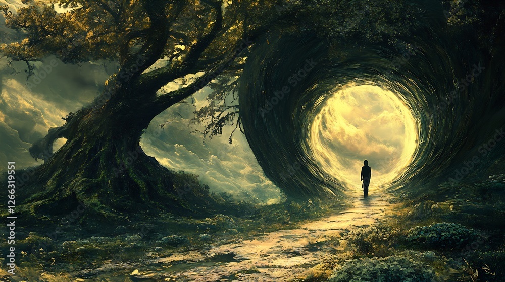 Poster enchanting surreal landscape featuring a path leading to a swirling portal amidst mythical trees and