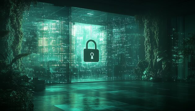 Digital security concept with a padlock and shield over an office, workplace protection, safe work environment, cybersecurity, defense mechanism, locked office imagery