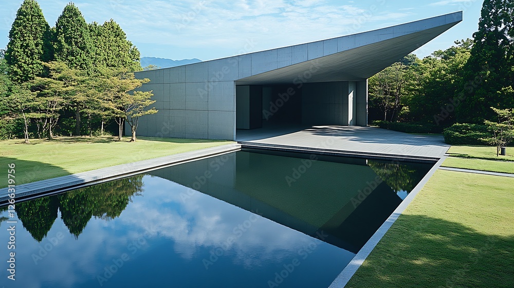 Poster Sophisticated concrete architecture with a tranquil pool and lush greenery reflecting a beautiful sky : Generative AI