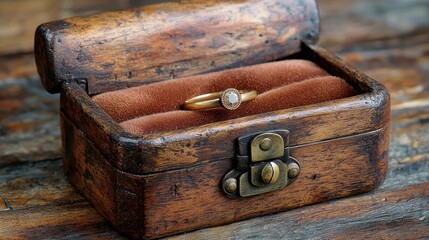 Vintage wooden box containing a delicate ring, resting on a rustic table with a warm ambiance