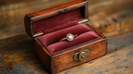 Elegant ring displayed in a vintage wooden box on a rustic wooden table, highlighting its beauty