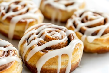 Freshly baked cinnamon rolls with icing drizzle on a white background.