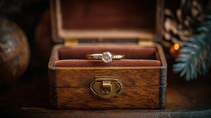 Elegant diamond ring displayed in a vintage wooden box, surrounded by festive decorations