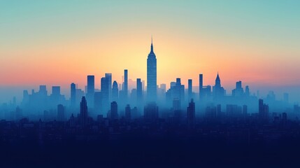 city skyline at sunset with fog