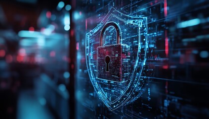 Image of a padlock with a shield over an office, security concept, protection, office safety, digital lock, secure workspace, cybersecurity, defense, safety measures