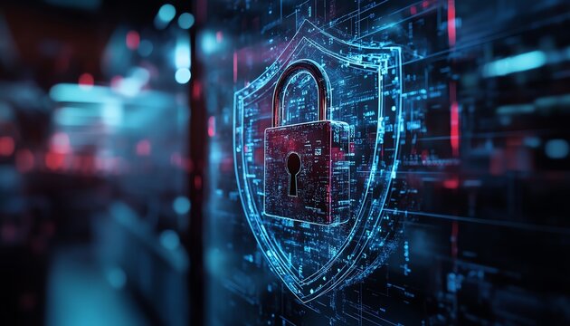 Image of a padlock with a shield over an office, security concept, protection, office safety, digital lock, secure workspace, cybersecurity, defense, safety measures