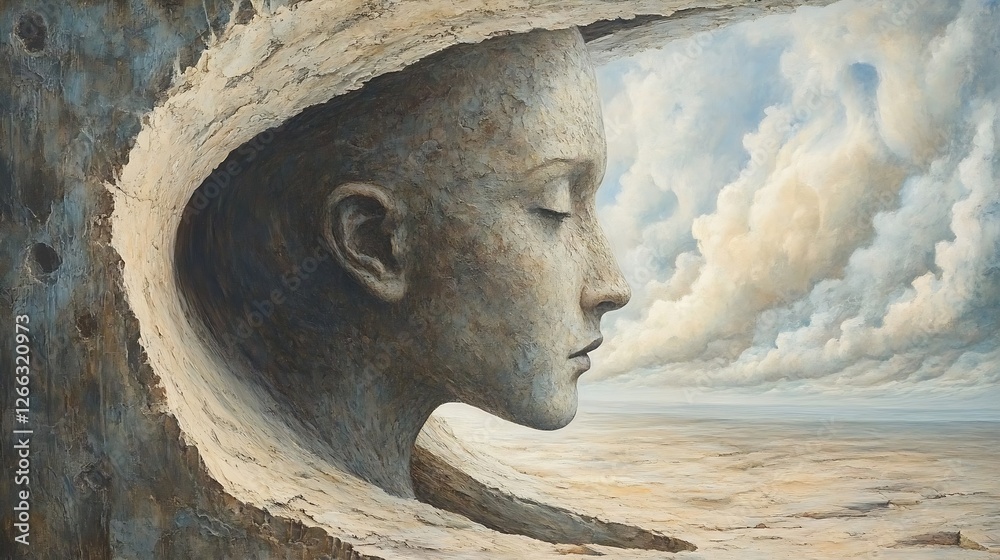 Aufkleber detailed wall sculpture of a serene face emerging from a textured background with clouds : generativ