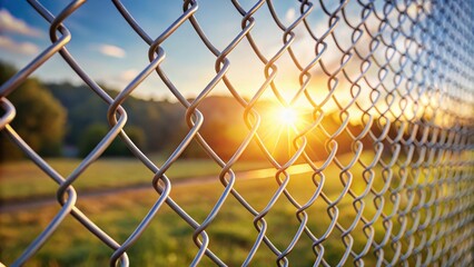 Fototapeta premium Sunset Glimmering Through Chain Link Fence A Close-Up View of Interwoven Metal, Background Blurred with Golden Hour Light and Lush Greenery