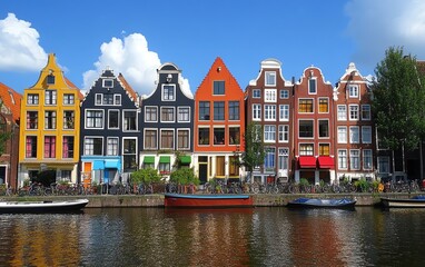 Vibrant Amsterdam canal scene, bicycles and colorful houses lining the waterway, serene reflections, typical Dutch architecture, sunny skies, peaceful urban setting