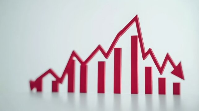 Red graph depicting fluctuating market trends with upward and downward movements on a white background