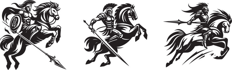 Three Spartan warriors riding horses.