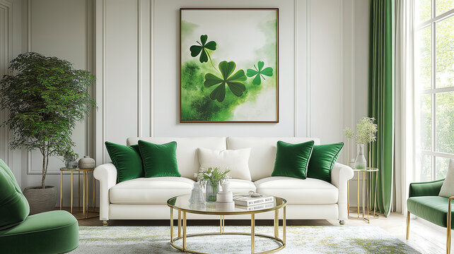 Fototapeta St Patrick’s Day decor in the living room with shamrock wall art, green accents, and festive gold