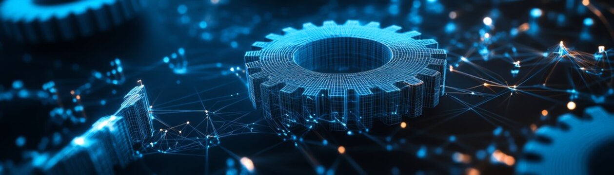 Wireframe illustration of a gear, mechanical technology symbol, on a dark blue background, representing engineering, project development, engine work, business plan visualization