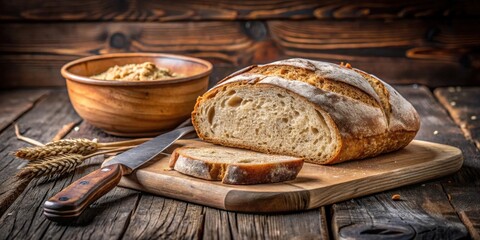 Artisan sourdough bread loaf, sliced on rustic wooden board, with knife and wheat stalks nearby, presented in a warm, inviting setting with a bowl of flour