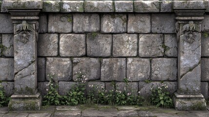 Ancient stone wall with pillars and flowers
