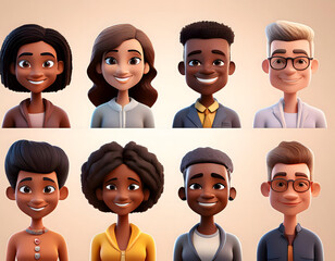 3D cartoon image of diverse and smiling people. Cartoon - animated business people. Cartoon parents