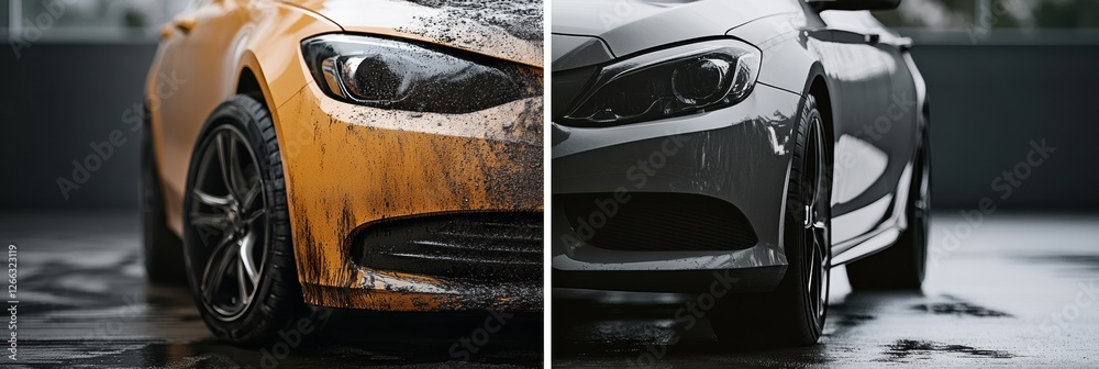 Poster comparison of dirty scratched car and shiny polished vehicle showcasing vehicle maintenance differen
