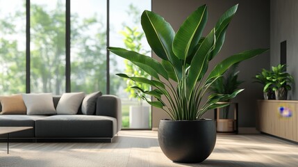 Fototapeta premium Large Green Potted Plant in Modern Living Room