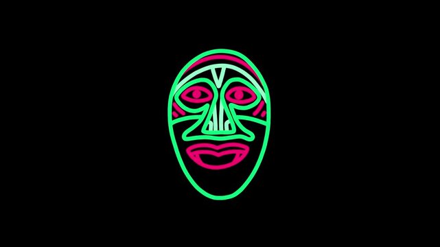 A 2D animated video based on traditional Asian masks. The scary character's face rotates and grows and shrinks repeatedly. PNG video