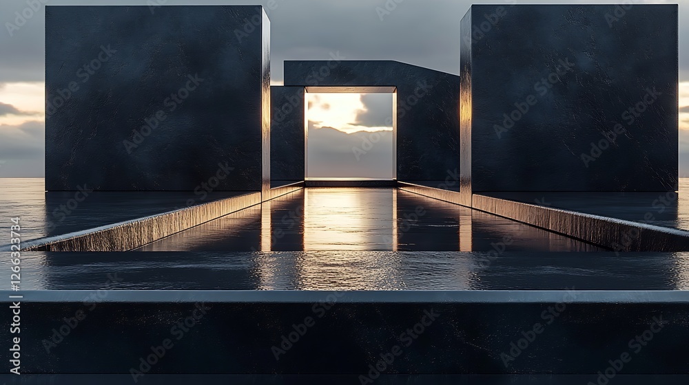 Poster stunning abstract landscape featuring geometric shapes reflecting in still water under clouds : gene