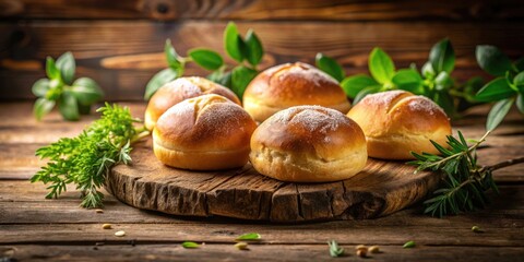 Golden-brown baked goods arranged on rustic wooden board, garnished with fresh herbs