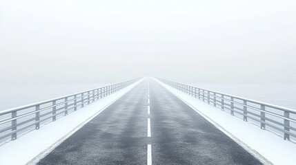 Empty Snowy Bridge Road in Dense Fog