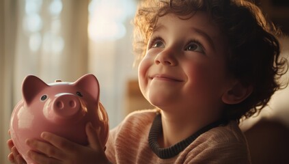 A cute child holding a piggy bank, with a happy expression, in a modern home interior background. The focus is blurred on the character's face and hand, with a pink money box in front of him.