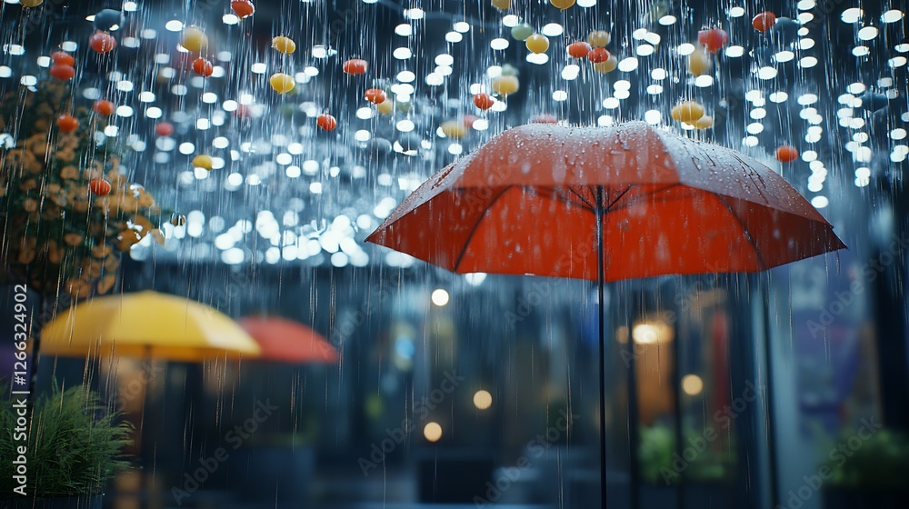 Poster colorful umbrellas in the rain adorned with bright decorations creating a whimsical urban atmosphere