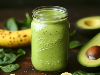 Green Smoothie in Mason Jar with Banana, Avocado, and Spinach