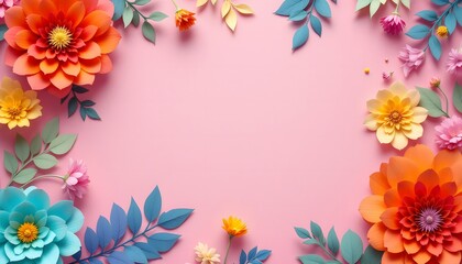 Obraz premium Vibrant Paper Flower Frame on Pink Background: A Delightful Springtime Composition