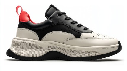 Stylish modern sneaker featuring a black and white design with red accents, displayed on a clean background