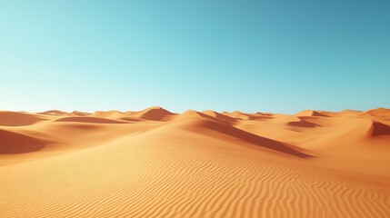 Expansive Golden Sand Dunes Under a Clear Blue Sky in a Vast Desert Landscape Near a Serene Horizon