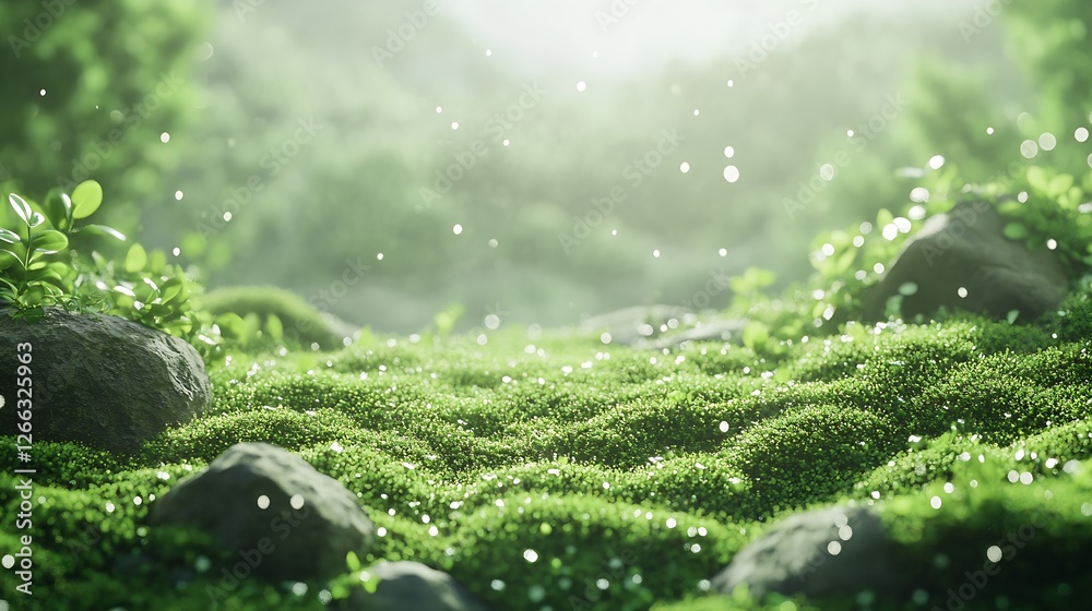 Poster Serene forest scene with dew-covered moss and gentle sunlight streaming through creating a dreamlike ambiance : Generative AI