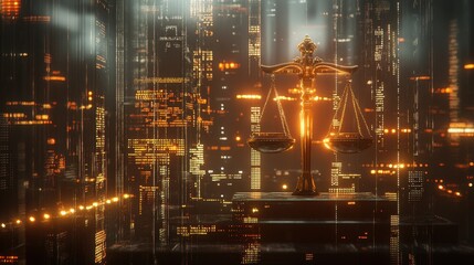 Naklejka premium Golden scales of justice shine brightly against a futuristic city backdrop. Illustrates concepts of digital law, cyber justice, or technological fairness.
