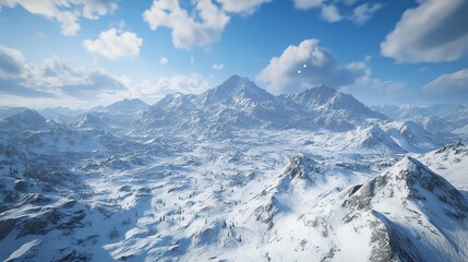Fototapeta premium Snowy Mountain Landscape Under a Clear Blue Sky With Fluffy Clouds in a Winter Setting at Midday
