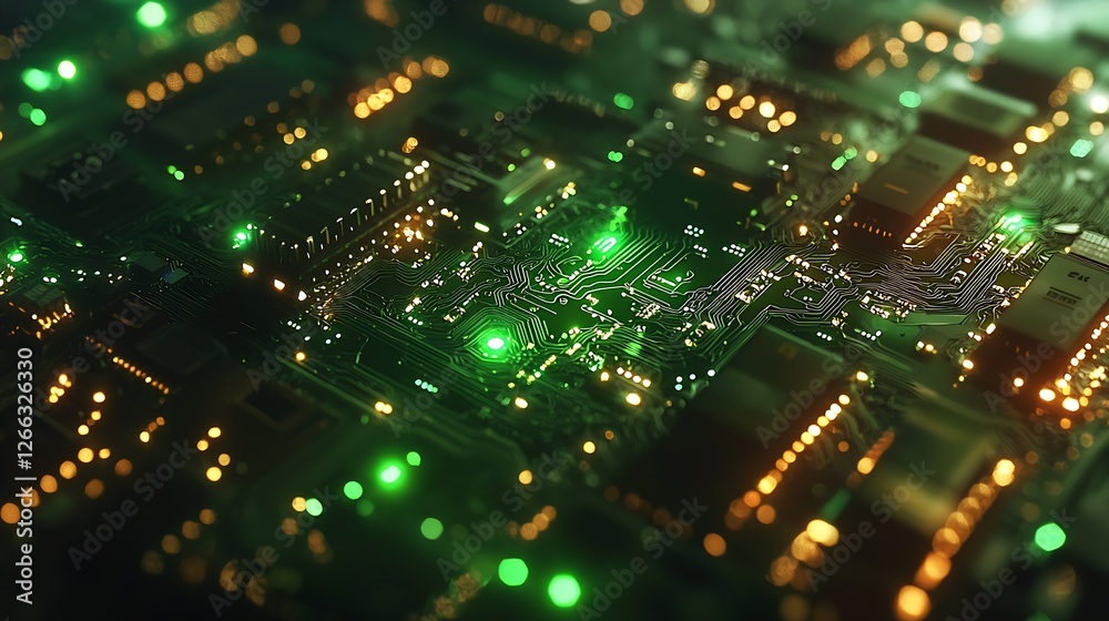 Aufkleber Artistic Angle of a Circuit Board Featuring LED Lights and Insightful Patterns Demonstrating High-Tech Engineering : Generative AI