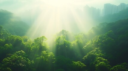 Obraz premium Mystical Foggy Morning in Lush Green Forest with Sunlight Streaming Through Urban Landscape : Generative AI