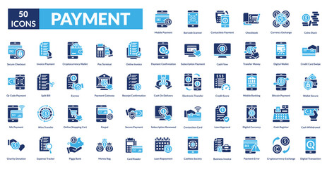 payment fill icon set collection. coins stack, Credit Card Swipe, wallet secure, Cash Withdrawal, digital transaction, barcode scanner, Contactless Payment, checkbook, currency exchange