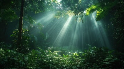 Sunlight streaming through dense jungle canopy, illuminating lush green foliage in tranquil forest