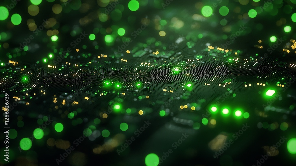 Fototapete close up of a sophisticated circuit board adorned with bright green and golden lights creating a dyn