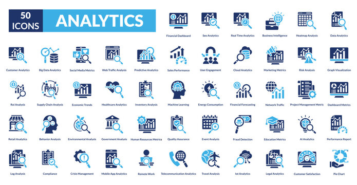 analytics fill icon set collection. data analytics, graph visualization, dashboard metrics, performance report, pie chart, financial, seo analytics, real time analytics, business intelligence