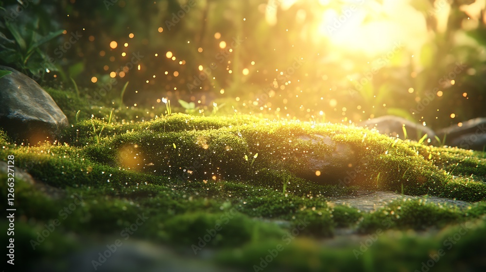 Aufkleber enchanting golden hour light dancing on a lush carpet of moss in a tranquil forest : generative ai