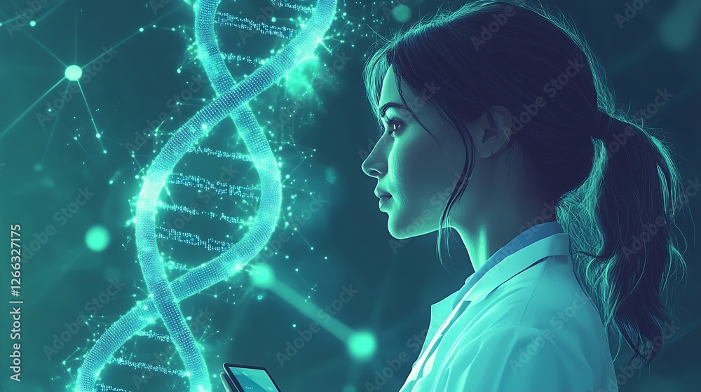 Poster Modern Scientist in Lab Contemplating Genetic Breakthroughs with Glowing DNA Structure : Generative AI