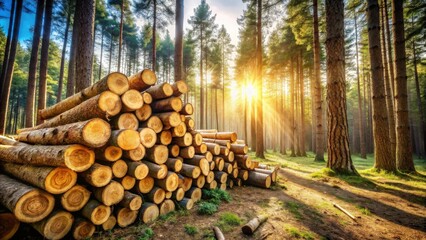 Golden Hour Lumber Stack in a Sun-Drenched Forest