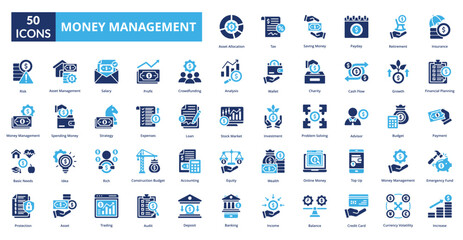 Money Management fill icon collection set. Includes business, money, finance, investment, banking, financial, management, economy, budget, profit, income